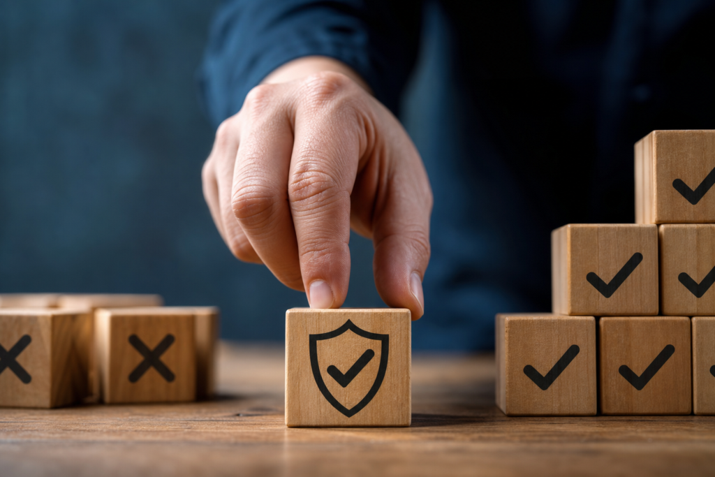 hand placing wooden block with shield and checkmark, demonstrating quality control gates seo.