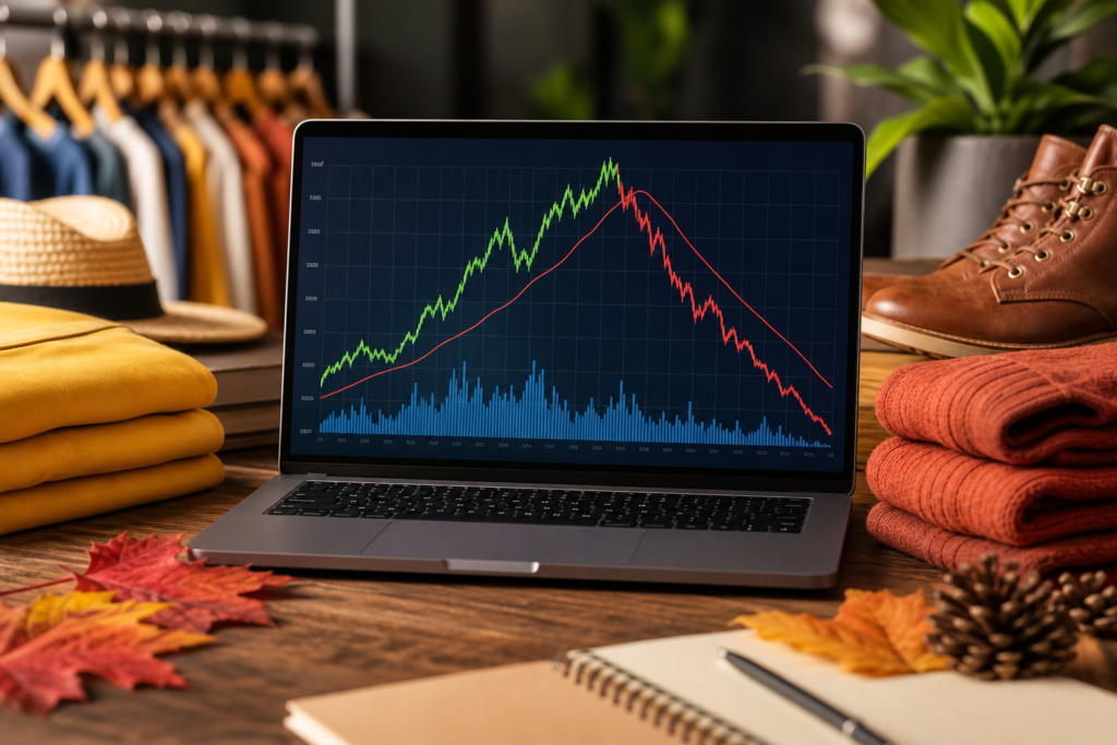 laptop with sales graph, apparel, and autumn decor for ai seo tools ecommerce analytics