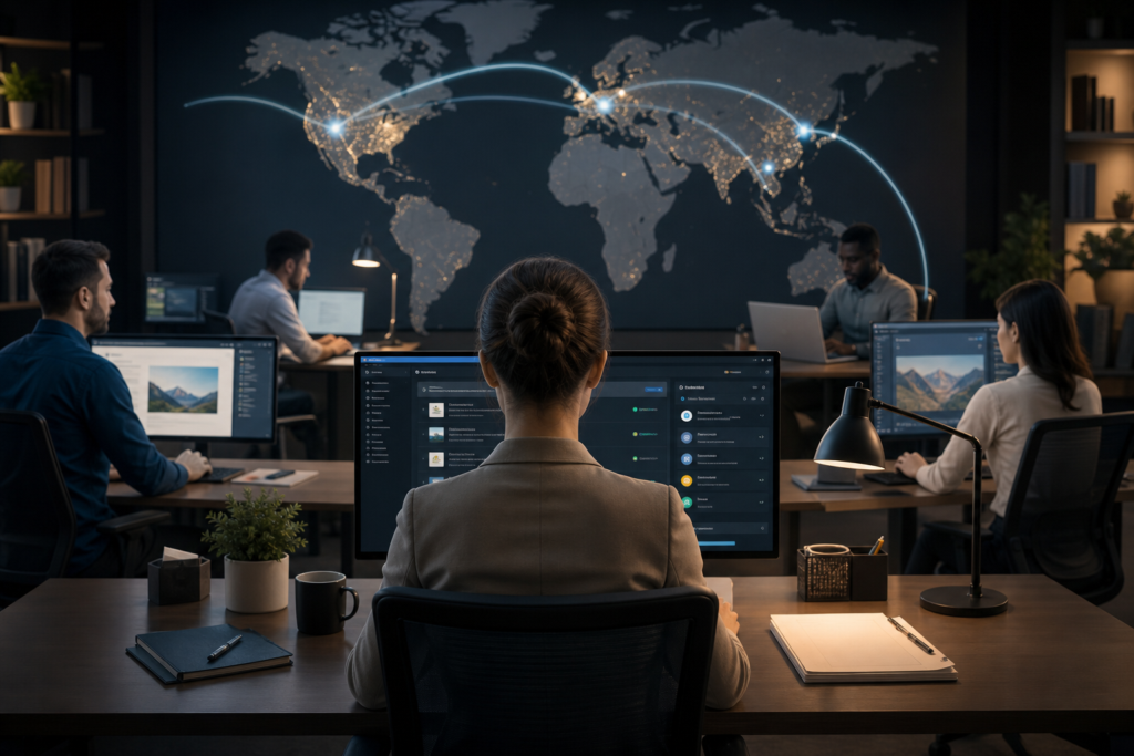 diverse team managing content globally with an ai content approval workflow.