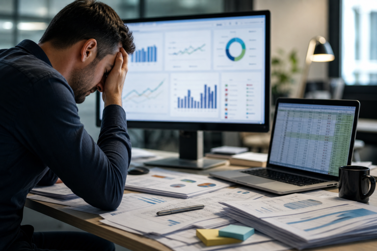stressed man looking at a monitor with marketing dashboards for automated campaign tracking