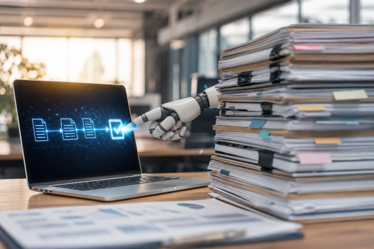 robot hand pointing to a digital workflow for ai content approval automation on a laptop screen next to paper stacks.