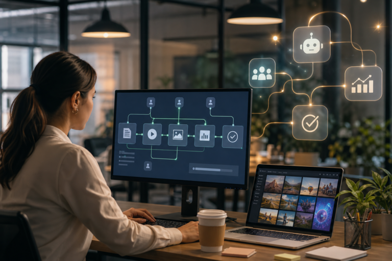 woman working on a computer demonstrating an ai content automation workflow with a diagram and floating icons.