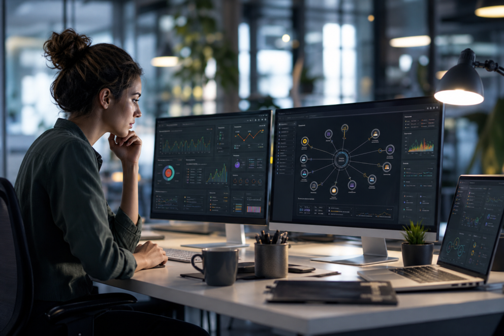 woman analyzing multiple monitors with data dashboards displaying brand voice tracking documentation.